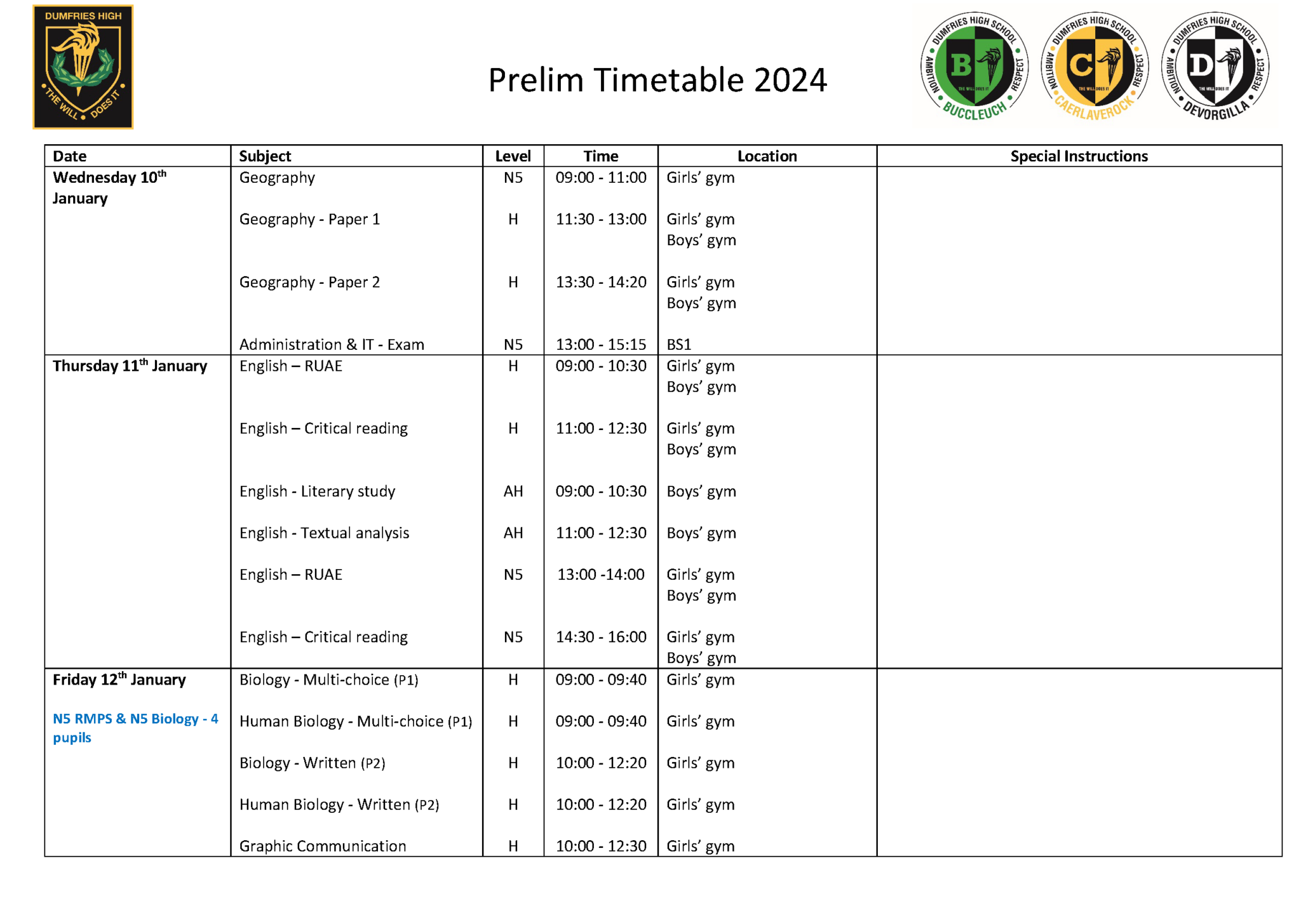 UPDATED PRELIM TIMETABLE 2024 Dumfries High School